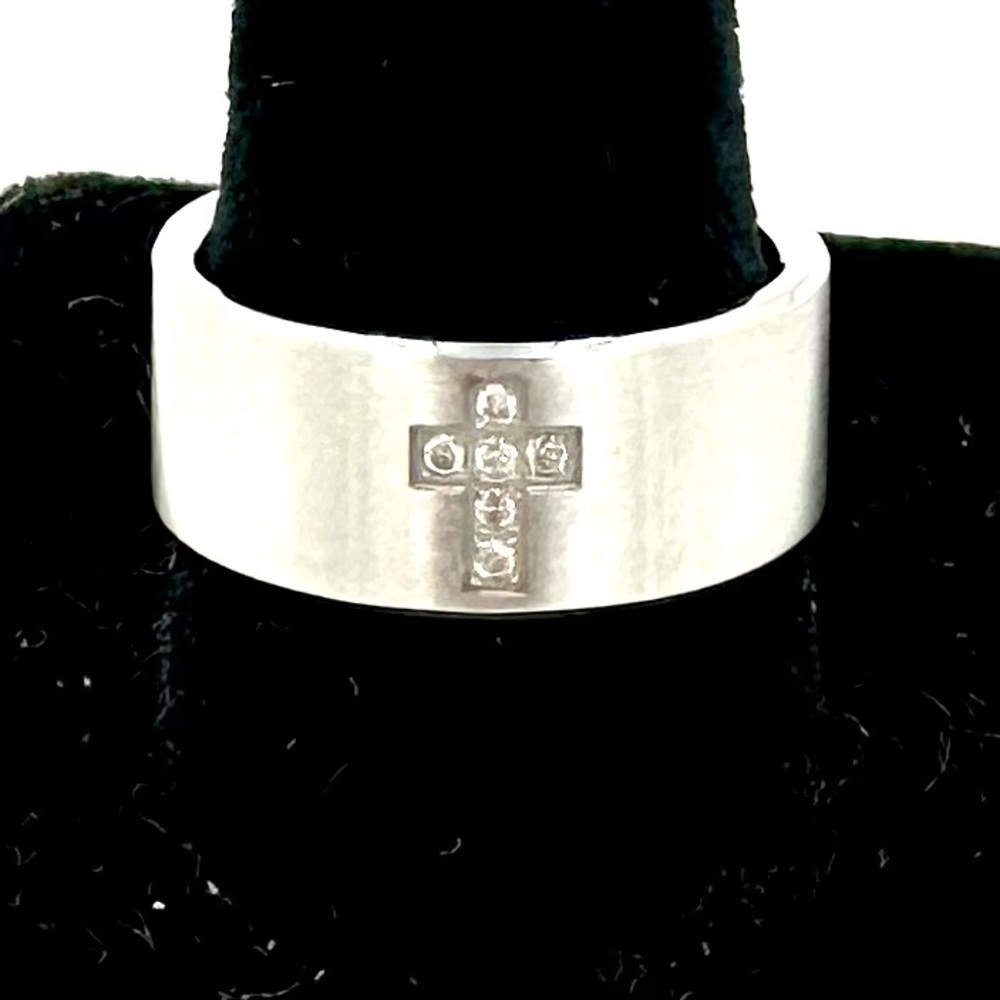 STEL Stainless Steel Band Ring Satin Center .10ctw Diamond Cross Accent Sz 9.75